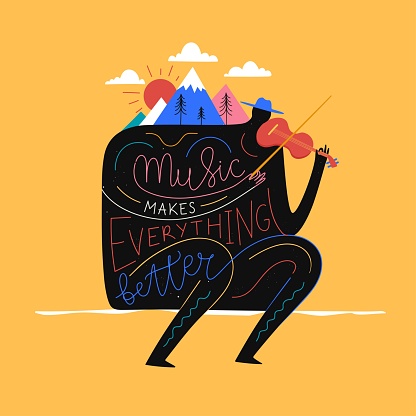 Trendy colored typography poster with fiddler and violin