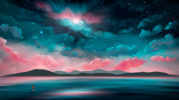 istock Cute young girl standing on reflection, water surface with distant hill, cloudy sky and stars. 3D rendering, dream nature illustration 1320768238