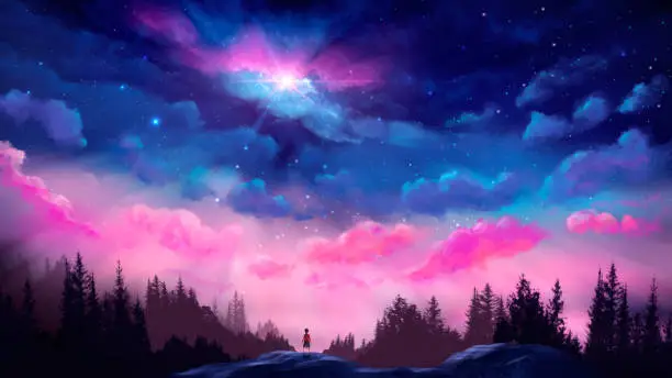 Photo of Cute young girl standing on rock at forest with cloudy blue, purple sky and stars. 3D rendering, dream nature illustration