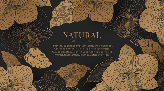 Luxury gold orchid on dark background. background with line arts flowers and leaves surrounded by in a minimalist style. Template of greeting card or invitation, prints. Vector illustration