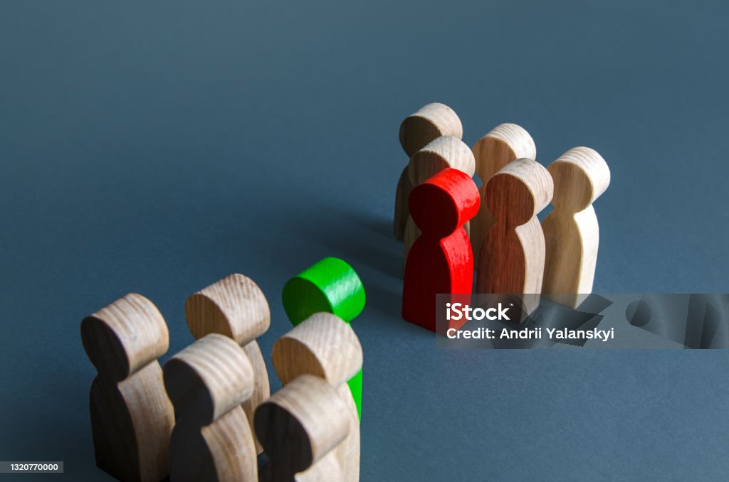 Conflict between teams. Resolution of conflict through negotiations. Mediation and Arbitration. Search for compromise. Concluding a truce, end of confrontation. Rivalry, struggle for leadership. Conflict Stock Photo