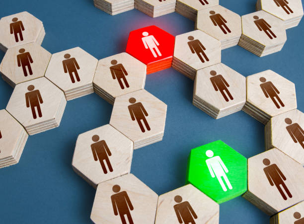 istock Red and green men are connecting links in a people system network. Ensuring communication between groups of people. Mediation, networking. Duplicate employee. Competition. Alternative connections. 1320770372
