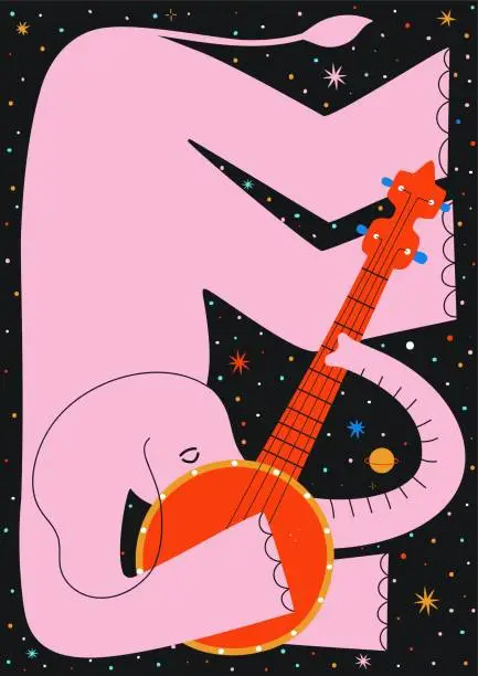 Vector illustration of Vector illustration with pink elephant playing red banjo. Colored stars and planets on background.