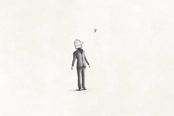 ilustracja surrealistycznego człowieka z otwartą klatką dla ptaków nad głową i małym ptakiem latającym za darmo, surrealistyczną abstrakcyjną koncepcją - wolność ilustracje stock illustrations