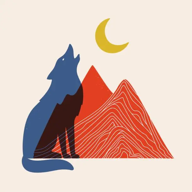 Vector illustration of Vector illustration with red mountains, blue howling wolf and yellow moon.