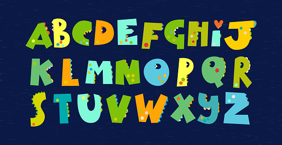 Green dinosaurs alphabet. Font for Dino prints
