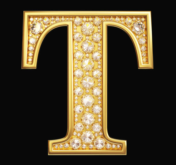 golden letter "t" with diamonds on black background. clipping path included. - diamond alphabet letter t text imagens e fotografias de stock