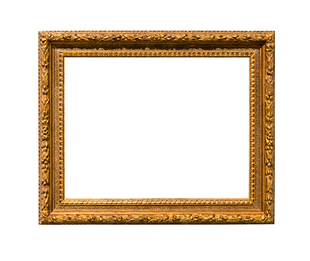 old wide wooden carved picture frame with cut out canvas isolated on white background