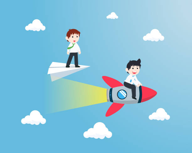 ilustrações de stock, clip art, desenhos animados e ícones de business man sitting on rocket overtaken a competitor standing on paper plane - overtaken