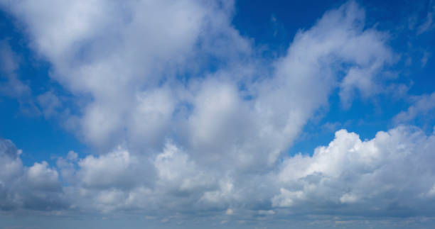 rural landscape. beautiful view of the sandy estuary with injuries, over which the blue sky with fluffy clouds. - uncultivated meteorology weather sea imagens e fotografias de stock