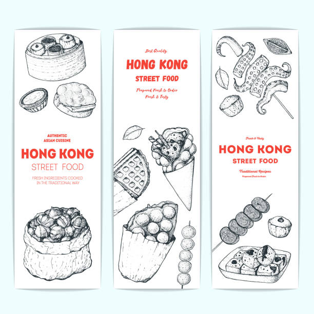 illustrazioni stock, clip art, cartoni animati e icone di tendenza di collezione di striscioni di street food di hong kong. modello di design del menu alimentare cinese. schizzo vintage disegnato a mano, illustrazione vettoriale. illustrazione in stile inciso. schizzo di cibo di strada asiatico. - chestnut cooked isolated white