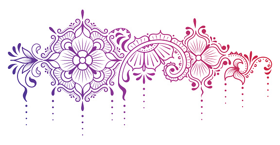 Vector ethnic lace with purple gradient. Indian paisley border. Oriental lace ornament. Abstract floral pattern with dots, petals, curls, drops