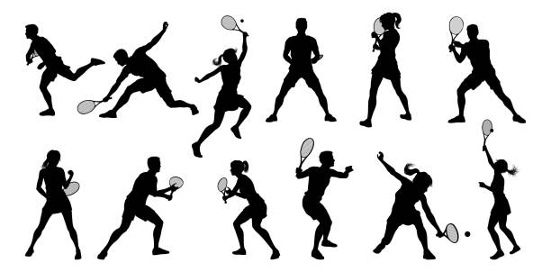 ilustrações de stock, clip art, desenhos animados e ícones de silhouette tennis players sports people set - tennis serving silhouette racket