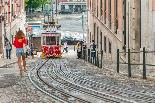 Elevador da Gloria, the most famous funicular that connects the Restauradores Square to Bairro Alto in Lisbon, Portugal