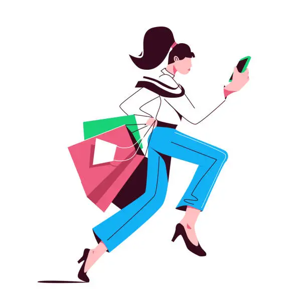 Vector illustration of happy young shopping woman in trousers and high heels running with bags and looks into the phone, concept of sale, bestseller, informing by mobile app. Vector illustrstion isolated on white background