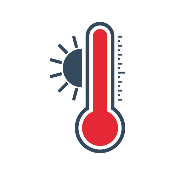 ilustraciones, imágenes clip art, dibujos animados e iconos de stock de termómetro con alto nivel rojo, temperatura caliente vector plano bicolor icono - barometer meteorology gauge forecasting