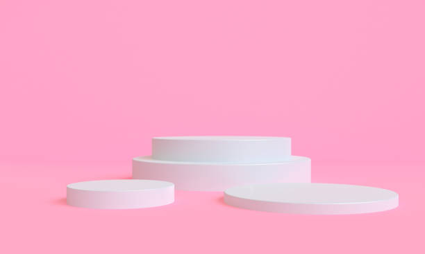 istock Minimal white geometry on pink background Abstract shape mock up with podium for product display, 3D Render 1320787590