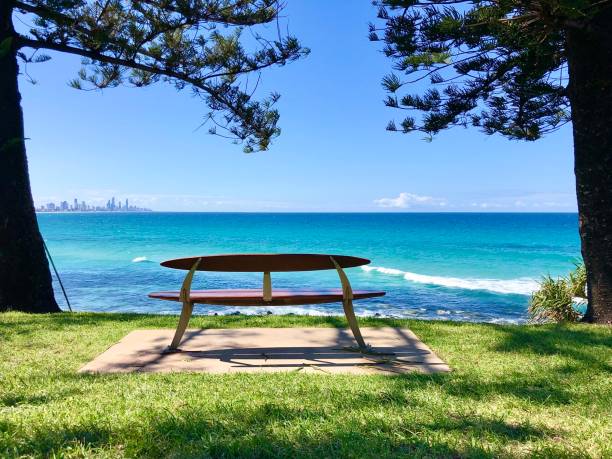 istock Park bench overlooking the blue ocean of Burleigh Heads between two pine trees 1320787674
