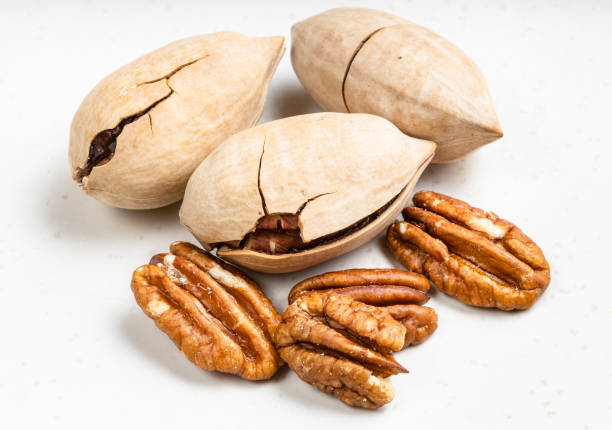 cracked and shelled pecan nuts close up on gray