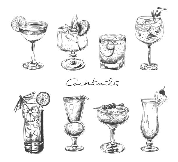 ilustraciones, imágenes clip art, dibujos animados e iconos de stock de cóctel dibujado a mano. bebidas alcohólicas en vasos. jugo de boceto, margarita martini. - cócteles