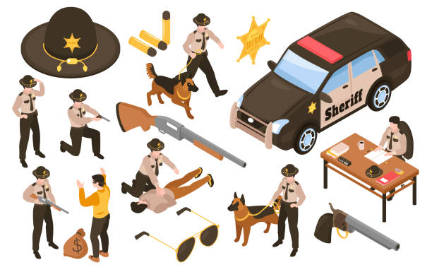 ilustrações de stock, clip art, desenhos animados e ícones de isometric marshal icon set - sheriff