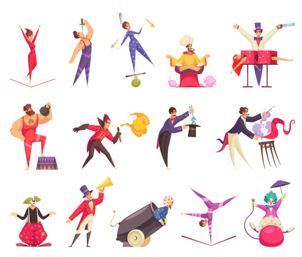 ÐÑÐ½Ð¾Ð²Ð½ÑÐµ RGB Circus artists cartoon icons set with clown magician juggler strongman acrobat isolated on white background vector illustration entertainment occupation stock illustrations