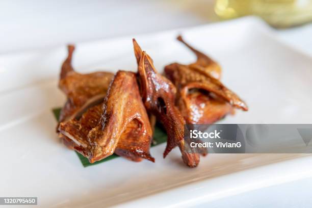 Closeup Of Cantonese Siu Mei Roast Squab Stock Photo - Download Image Now - Barbecue - Meal, Barbecue Pork, Bird