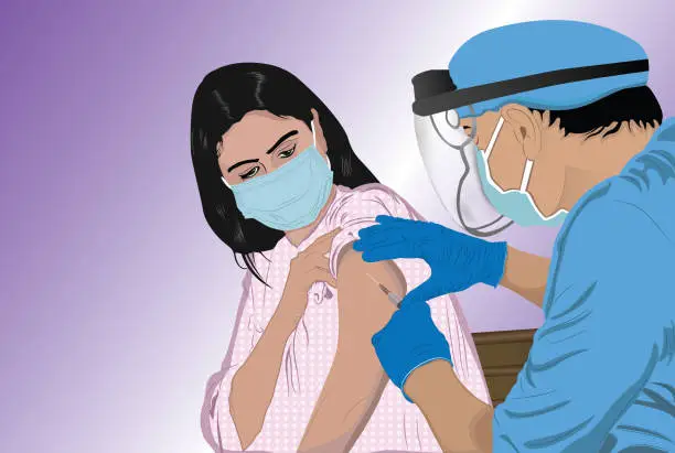 Vector illustration of Doctor injecting vaccine to female patient