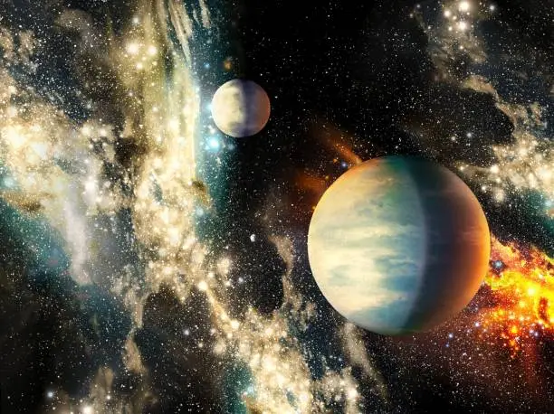 Planets in deep space. Earth-like exoplanet, beautiful alien planet. Cosmos with nebula and stars.