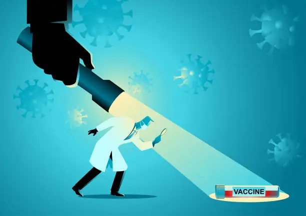 Vector illustration of Medical researcher got help from giant hand who holding a giant flashlight to find a vaccine