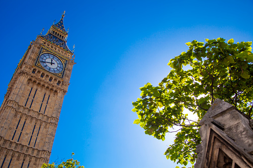 Big Ben photographed in perspective, from the bottom up, on a clear sky