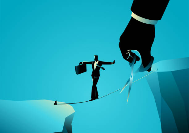 Business Sabotage Concept Business concept illustration of a businessman walking on rope over a ravine, meanwhile a giant hand with scissors is cutting the rope sabotage icon stock illustrations