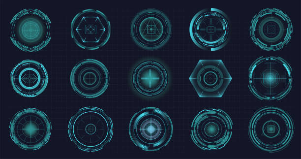 ilustrações de stock, clip art, desenhos animados e ícones de modern aiming system ui, ux. futuristic optical aim. military collimator sight, gun targets focus range indication. gaming and hi-tech. sci-fi futuristic spaceship crosshair. vector illustration - rifle hunting gun rifle sight