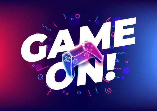 ilustrações de stock, clip art, desenhos animados e ícones de game on, neon game controller or joystick for game console on blue background. - gamepad