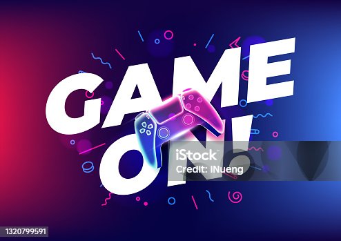 istock Game on, Neon game controller or joystick for game console on blue background. 1320799591