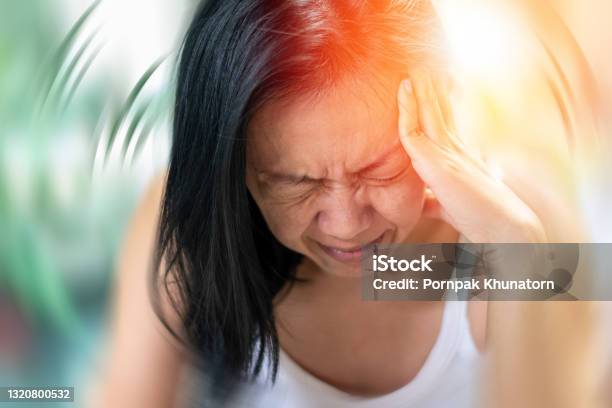 Vertigo Illness Concept Woman Hands On His Head Felling Headache Dizzy Sense Of Spinning Dizzinessa Problem With The Inner Ear Brain Or Sensory Nerve Pathway Stock Photo - Download Image Now