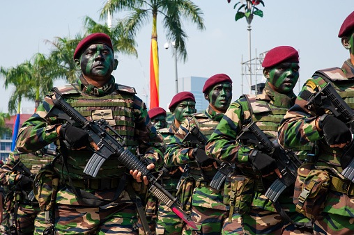 Royal Malaysian Army showing their strength marching for Malaysia Independent Day Parade in front the Sultan Abdul Samad Buildings, Kuala Lumpur Malaysia.