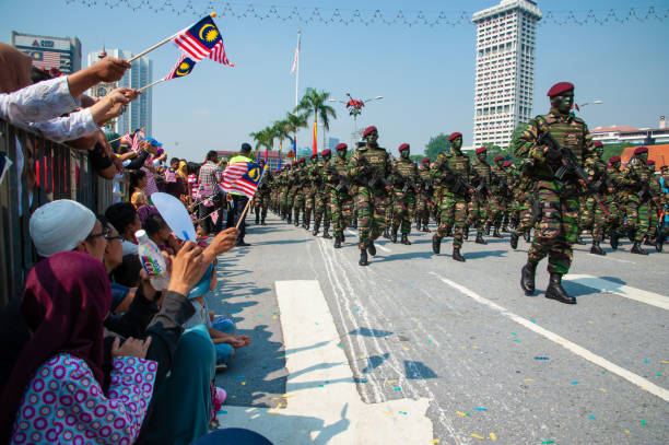 Royal Malaysian Army showing their strength marching for Malaysia Independent Day Parade in front the Sultan Abdul Samad Buildings, Kuala Lumpur Malaysia.