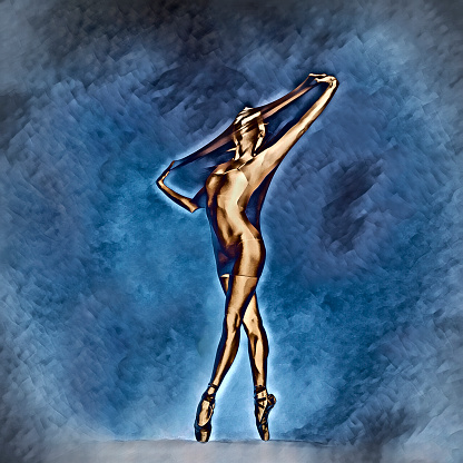 Golden colored ballerina dancing misty blue background\nDigital art