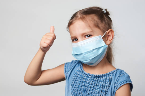 istock Little girl wearing face mask on a white background 1320802705