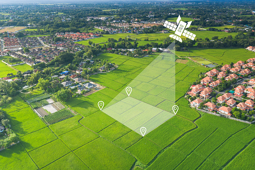 Land plot in aerial view. Identify registration symbol of vacant area for map. That property, real estate for business of home, house or residential i.e. construction, development, sale, rent, buy, purchase or investment.