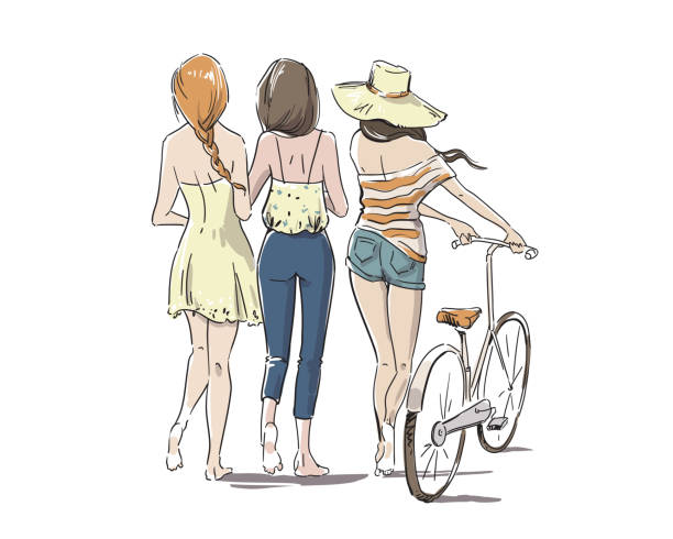 ilustraciones, imágenes clip art, dibujos animados e iconos de stock de tres mujeres jóvenes caminando descalzas con bicicleta, ilustración vectorial de vista trasera - three people women teenage girls friendship
