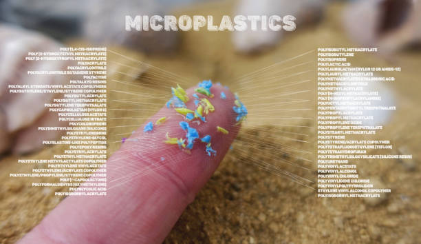 A list of all the plastic materials that cause microplastics. Creative concept of water pollution and global warming. stock photo