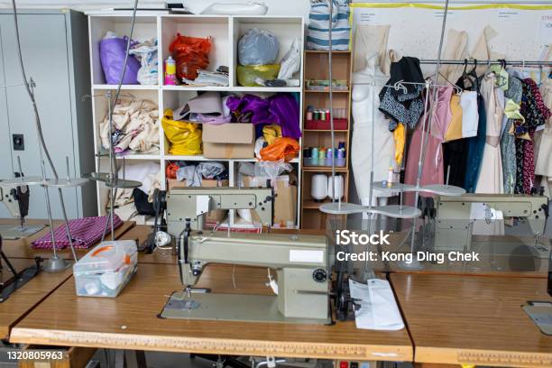Fashion Design College Classroom Workshop With Sewing Machine Stock Photo - Download Image Now