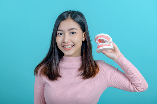 Smiling Asian woman holding tooth model on blue screen background. Dental care and healthy teeth.