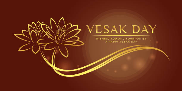 Vesak day banner with gold abstract line drawing Two lotus flowers sign on circle moon light and brown background vector design Vesak day banner with gold abstract line drawing Two lotus flowers sign on circle moon light and brown background vector design vesak day stock illustrations