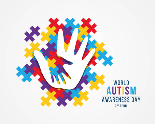 ilustrações, clipart, desenhos animados e ícones de wolrd autism awareness day banner com branco adulto e mãos crianças sinal em desenho vetorial de fundo peça de quebra-cabeça colorido - autismo