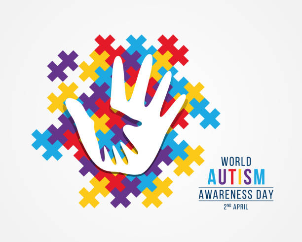 Wolrd Autism Awareness Day banner with white adult and child hands sign on colorful puzzle piece background vector design Wolrd Autism Awareness Day banner with white adult and child hands sign on colorful puzzle piece background vector design autism stock illustrations