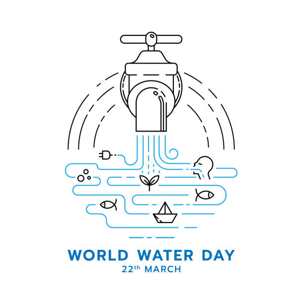 world water day banner with abstract line water falling from the tap and Icons about the benefits of water symbol vector design world water day banner with abstract line water falling from the tap and Icons about the benefits of water symbol vector design day drinking stock illustrations