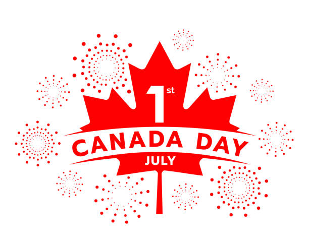 カナダの日、赤いカエデ記号と花火白の背景ベクトルデザインとの第17月のバナー - カナダデー点のイラスト素材／クリップアート素材／マンガ素材／アイコン素材